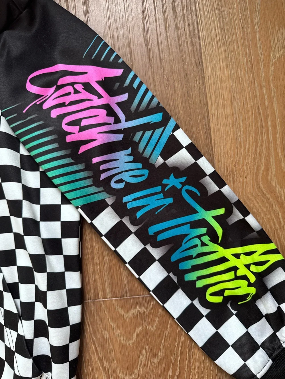 Checkerboard Hooded Sweatshirt with Neon Script CMIT Bike Catch Me in Traffic